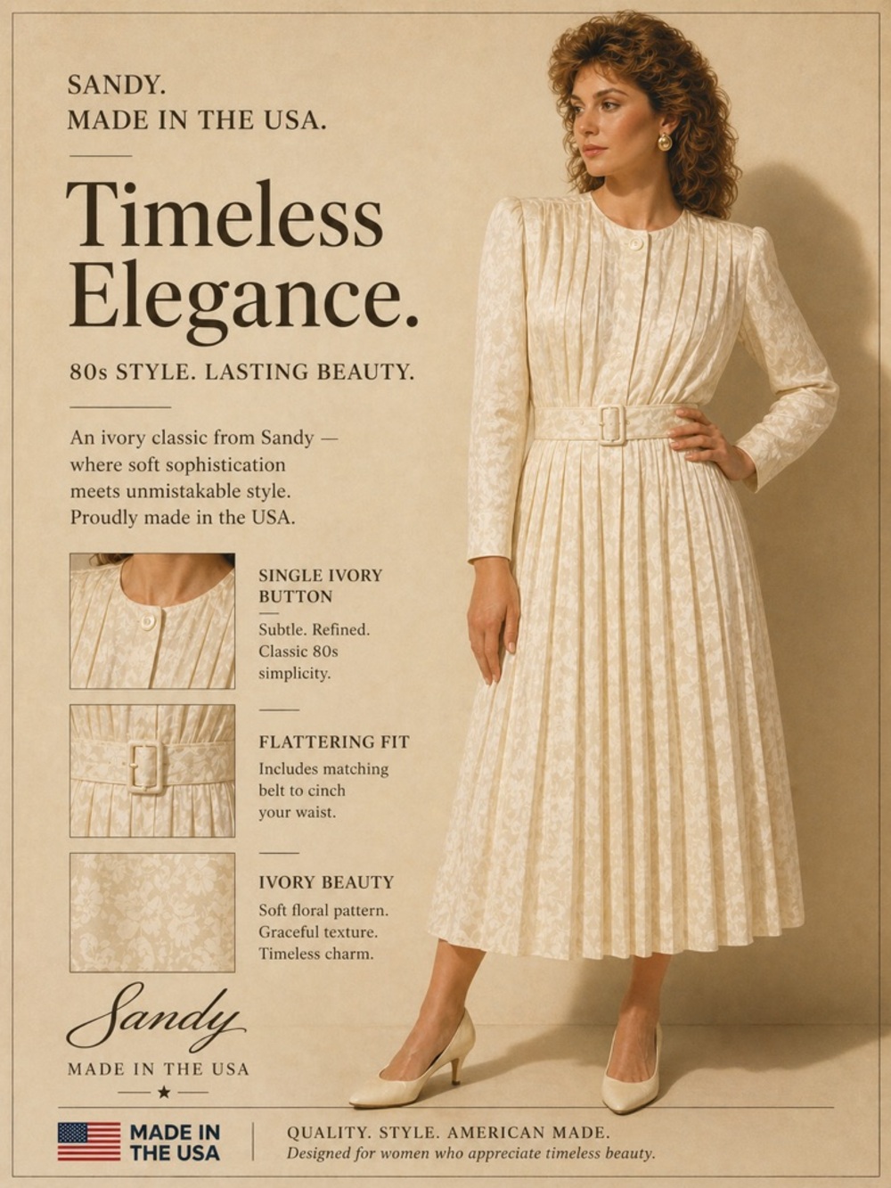 Ivory Floral‎ Pleated Midi Dress with Belt